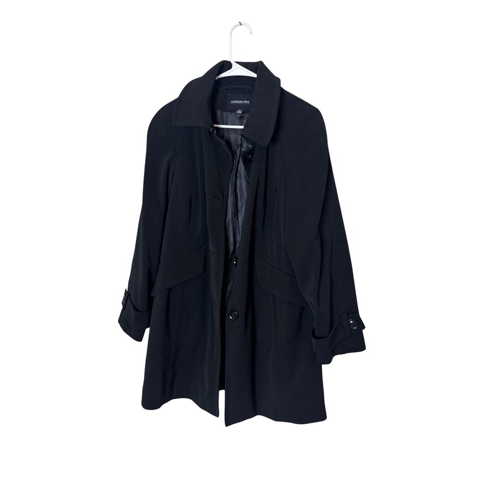London Fog Coat Womens Medium Black Mid‎ Length Lined Button Front Rain Coat